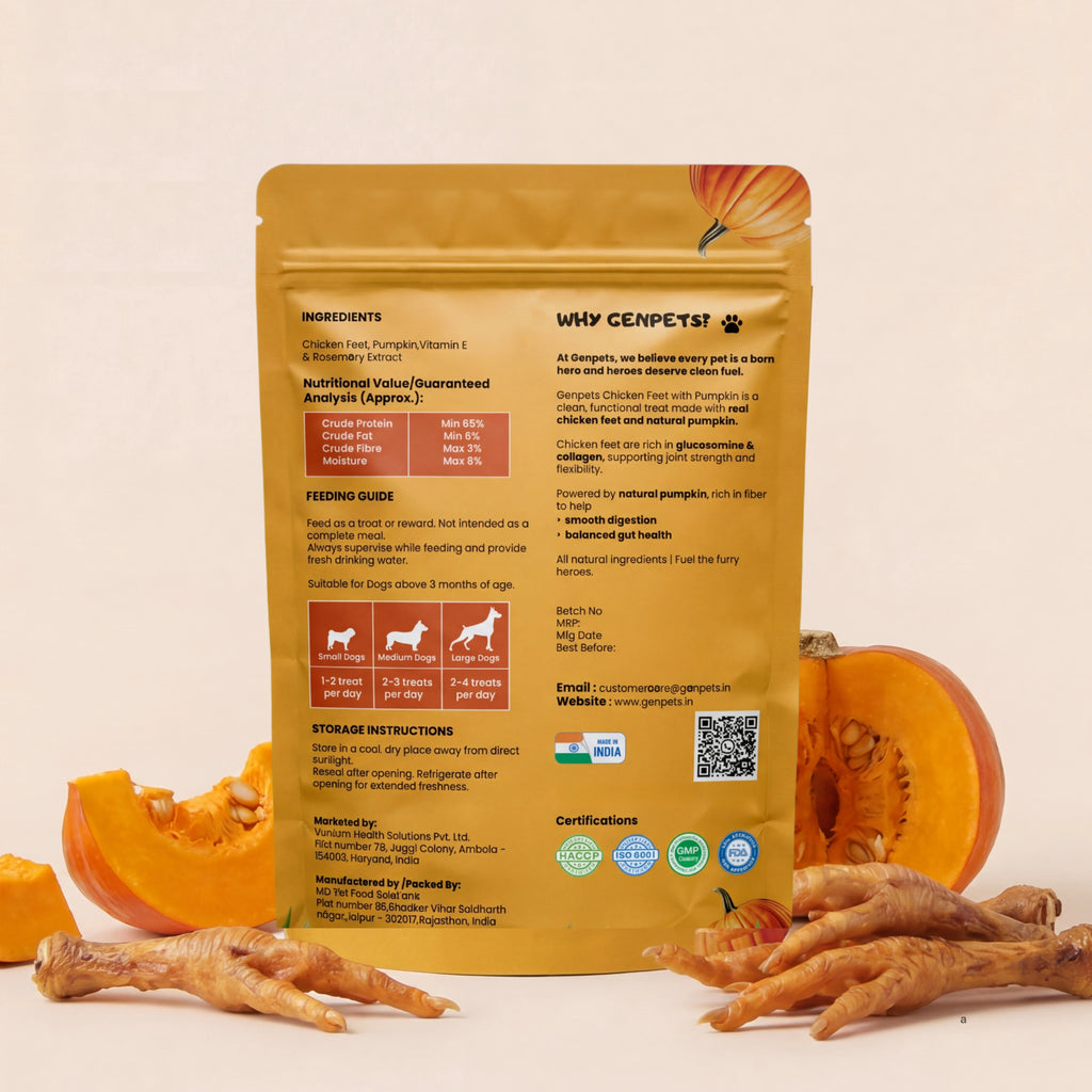 GenPets Chicken Feet with Pumpkin dog treats ingredients nutritional information and feeding guide