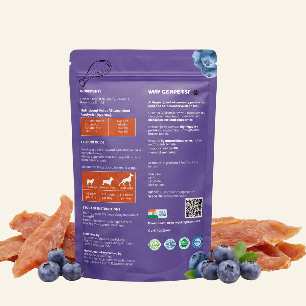 GenPets Chicken Jerky with Blueberry dog treats ingredients nutritional information and feeding guide