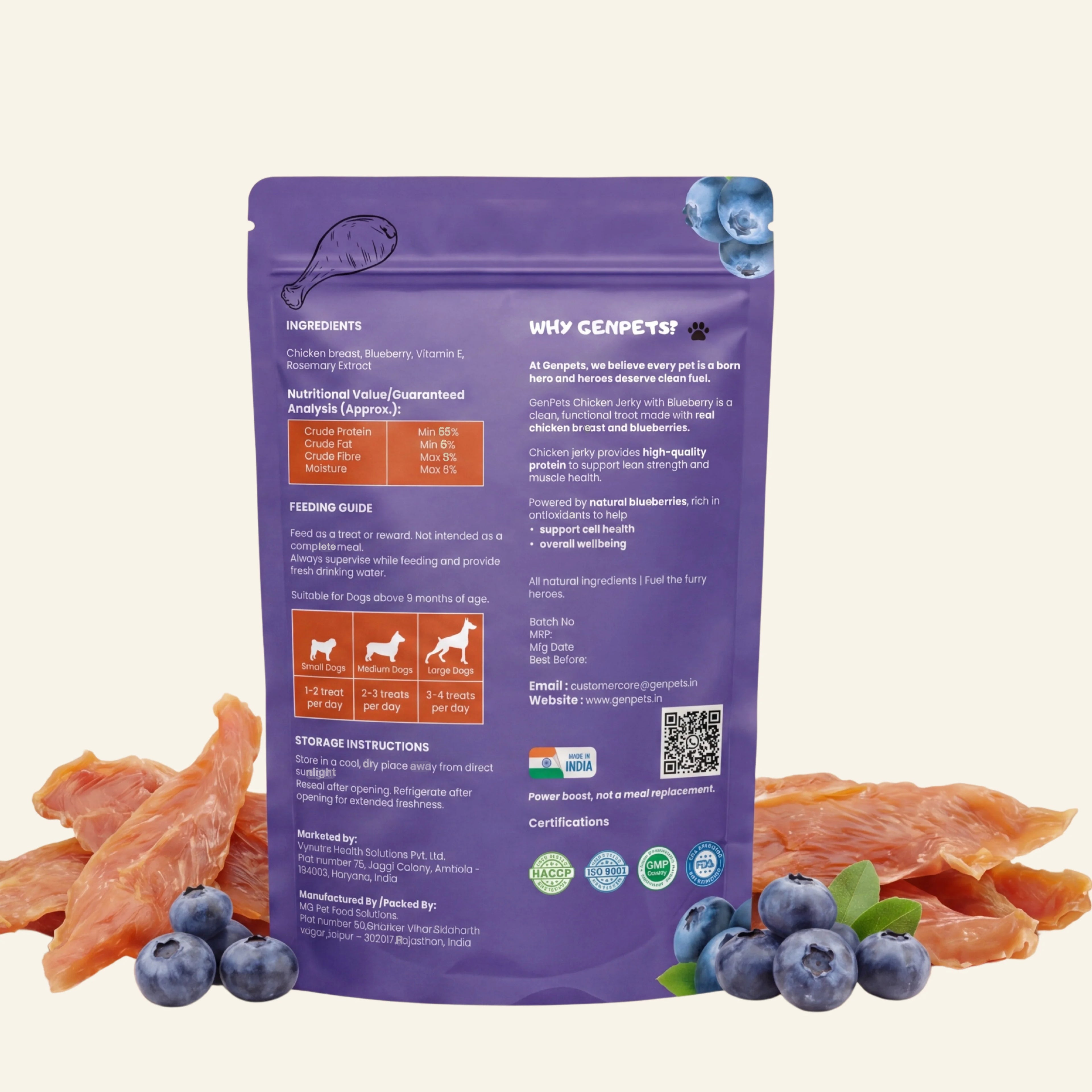 GenPets Chicken Jerky with Blueberry dog treats ingredients nutritional information and feeding guide