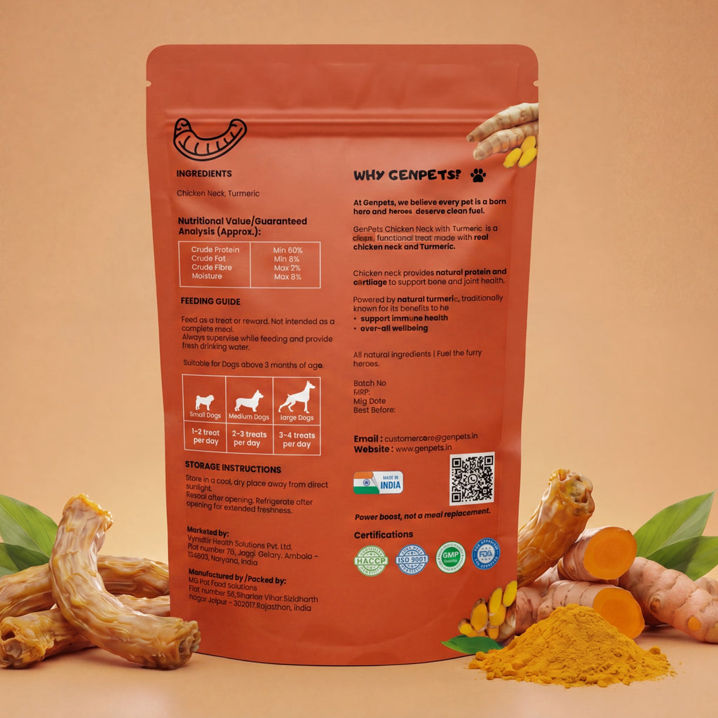 GenPets Chicken Neck with Turmeric dog treats ingredients nutritional information and feeding guide