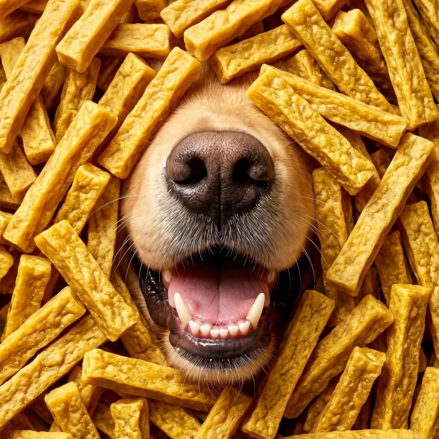 Dog's face peeking out from a pile of yellow dog treats