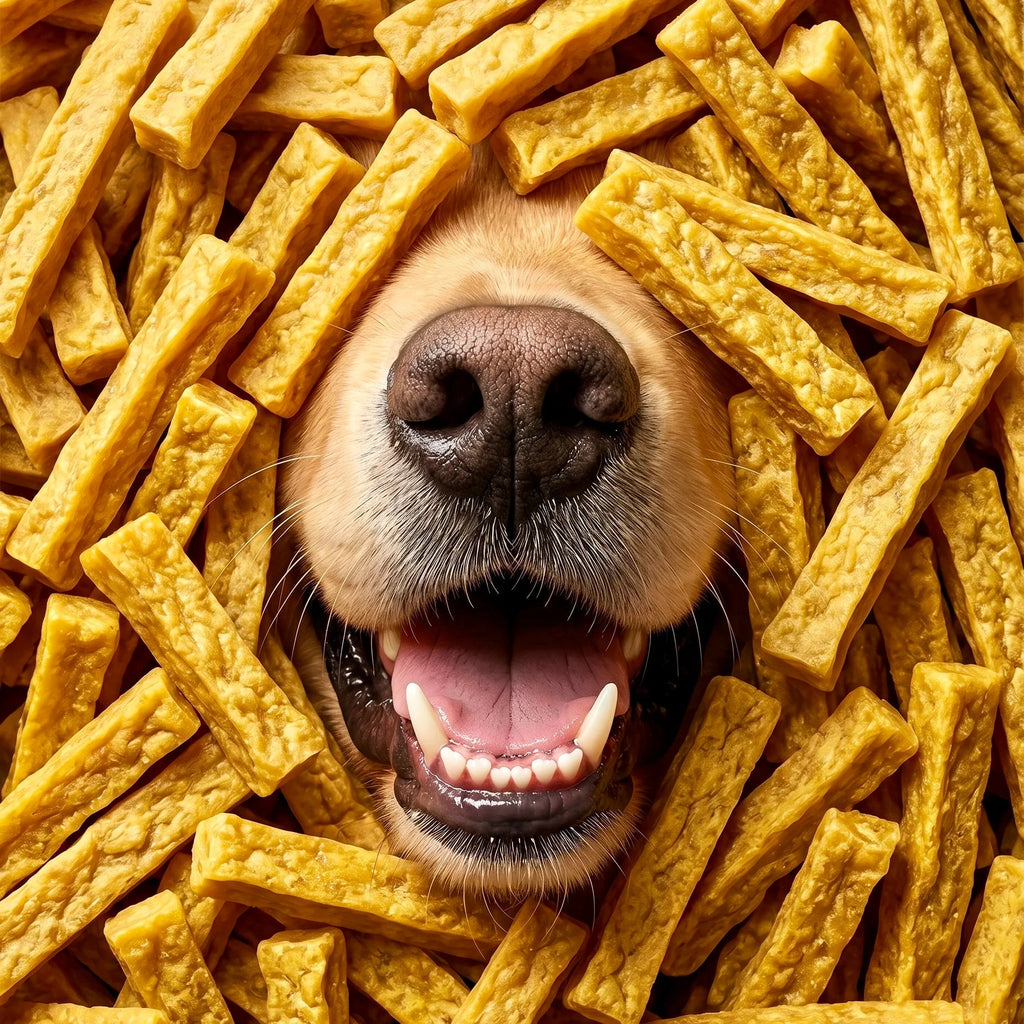Dog enjoying GenPets Egg Jerky natural high protein dog treats made with real eggs