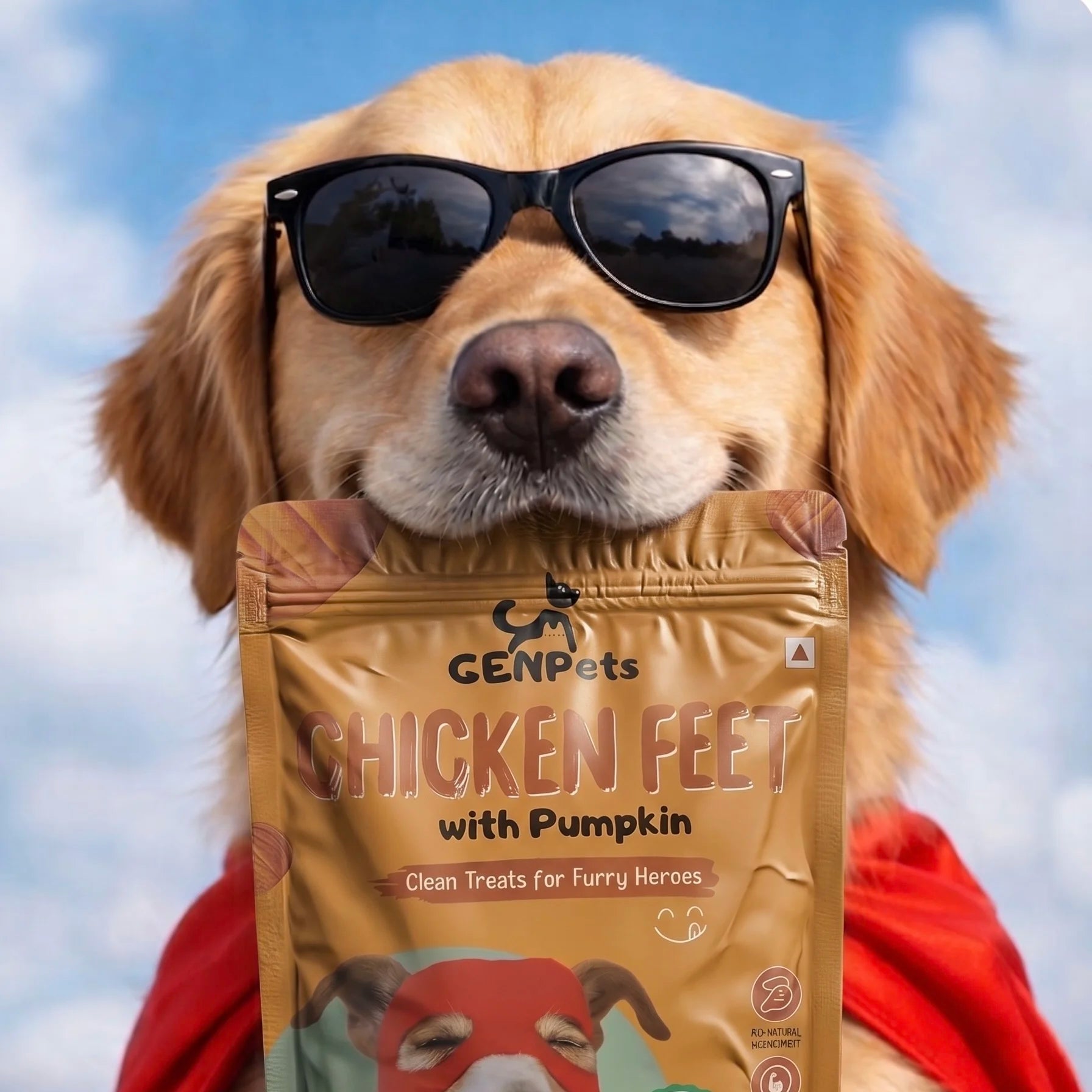 Dog wearing sunglasses and a red cape holding a bag of GENPets Chicken Feet with Pumpkin treats against a blue sky.